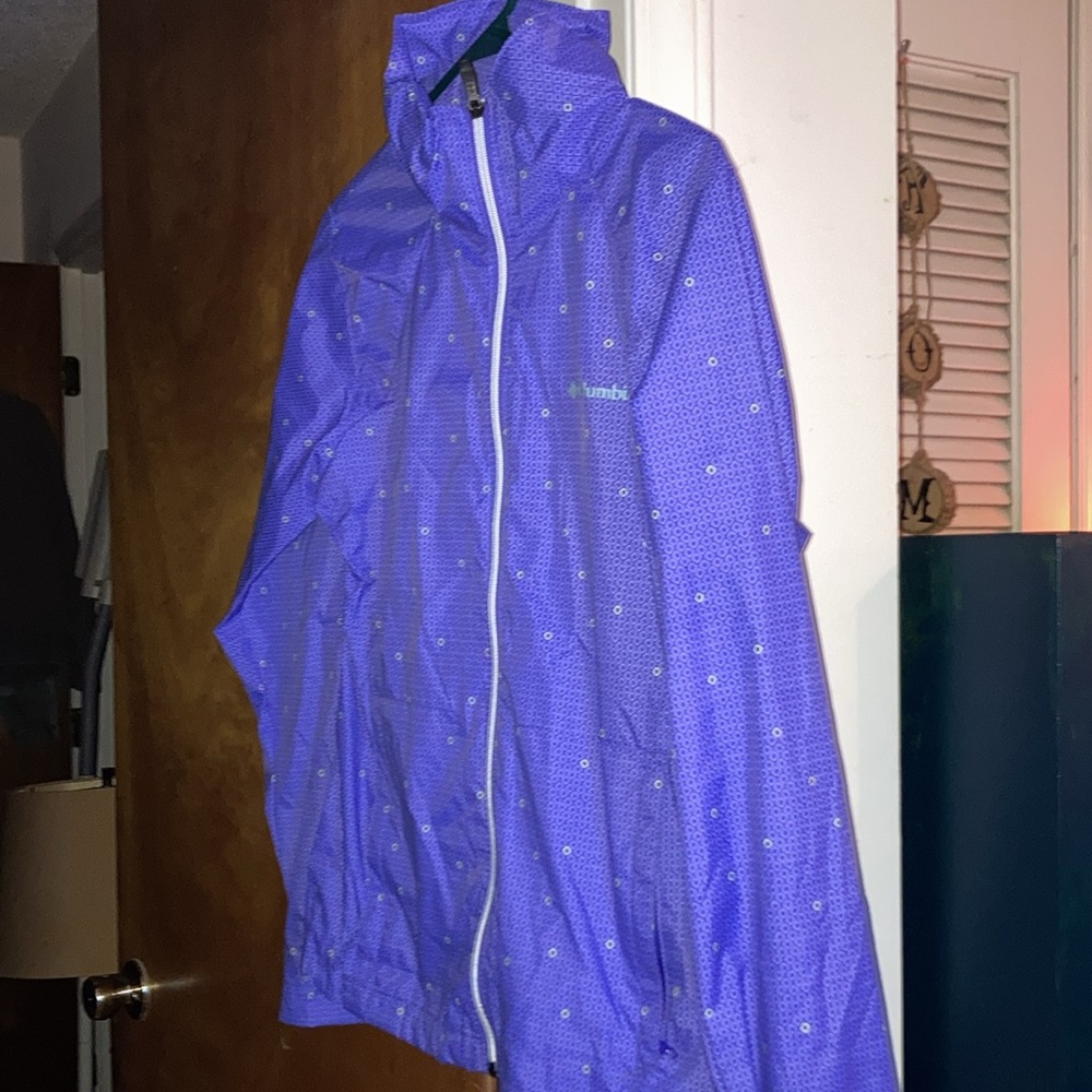 Columbia Rain Coat Windbreaker Purple Reflective Pattern Hood in Collar Medium - Picture 3 of 6